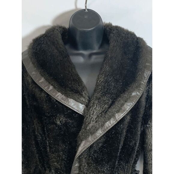 Vintage Women’s Faux Fur Leather Tie Front Shawl Coat Brown Size Medium - Picture 2 of 12